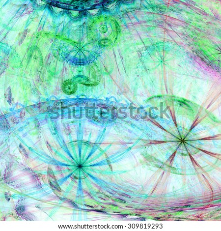 Beautiful high resolution abstract flower and star background with several twisted flowers and two main large flowers (stars) at the bottom, all in pastel green,cyan,pink