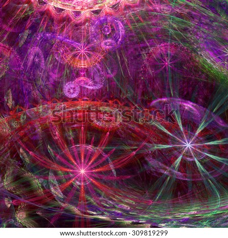 Beautiful high resolution abstract flower and star background with several twisted flowers and two main large flowers (stars) at the bottom, all in glowing pink,red,green