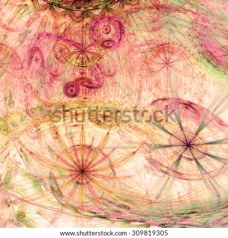 Beautiful high resolution abstract flower and star background with several twisted flowers and two main large flowers (stars) at the bottom, all in pastel pink,red,green