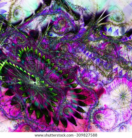 Abstract distorted crazy flower background with a large flower in lower left corner and detailed decorative pattern above it in dark pink,green,purple
