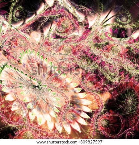 Abstract distorted crazy flower background with a large flower in lower left corner and detailed decorative pattern above it in bright sepia tinted pink,red,green