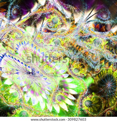Abstract distorted crazy flower background with a large flower in lower left corner and detailed decorative pattern above it in bright green,yellow,pink,blue
