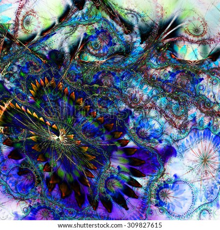 Abstract distorted crazy flower background with a large flower in lower left corner and detailed decorative pattern above it in dark purple,blue,yellow