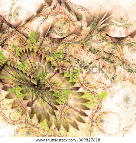 Abstract distorted crazy flower background with a large flower in lower left corner and detailed decorative pattern above it in pastel sepia tinted green,yellow,brown
