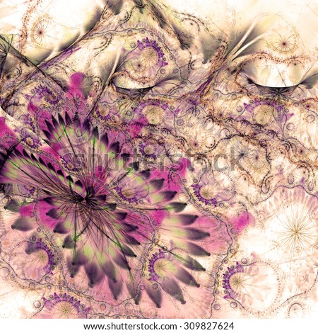 Abstract distorted crazy flower background with a large flower in lower left corner and detailed decorative pattern above it in pastel sepia tinted pink,purple,yellow