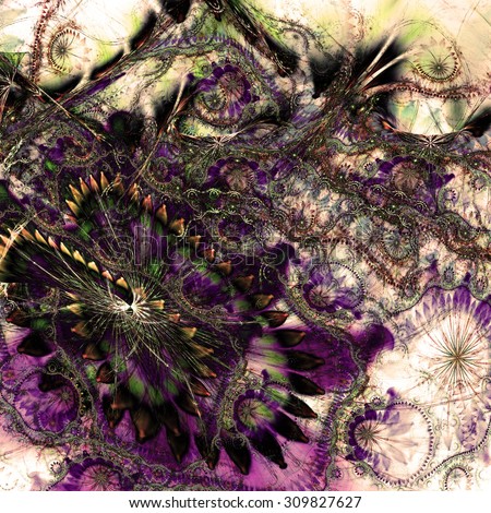 Abstract distorted crazy flower background with a large flower in lower left corner and detailed decorative pattern above it in dark sepia tinted yellow,purple,green