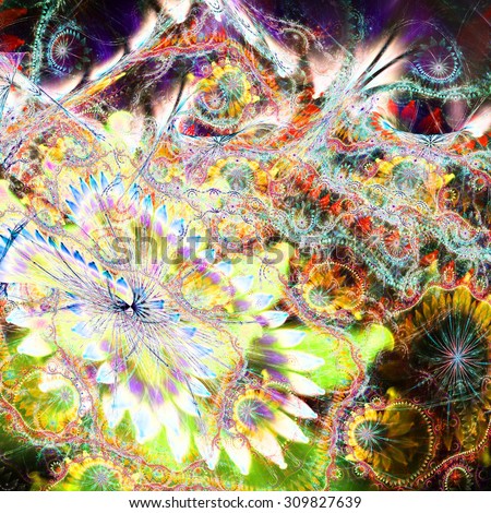 Abstract distorted crazy flower background with a large flower in lower left corner and detailed decorative pattern above it in bright green,yellow,pink,blue
