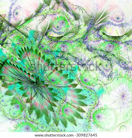 Abstract distorted crazy flower background with a large flower in lower left corner and detailed decorative pattern above it in pastel green,cyan,purple