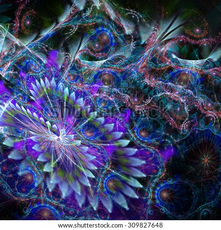 Abstract distorted crazy flower background with a large flower in lower left corner and detailed decorative pattern above it in glowing blue,pink,red
