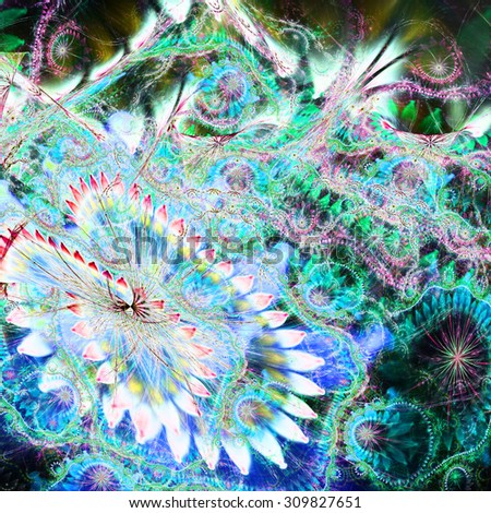 Abstract distorted crazy flower background with a large flower in lower left corner and detailed decorative pattern above it in bright blue,cyan,pink