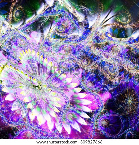 Abstract distorted crazy flower background with a large flower in lower left corner and detailed decorative pattern above it in bright pink,purple,green