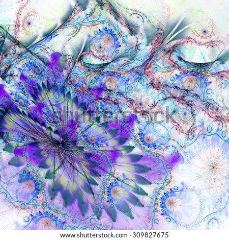 Abstract distorted crazy flower background with a large flower in lower left corner and detailed decorative pattern above it in pastel purple,blue,pink