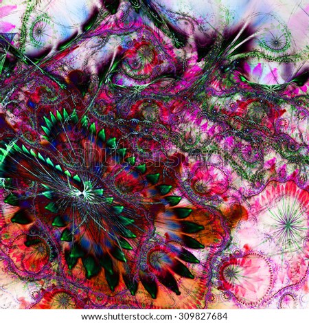 Abstract distorted crazy flower background with a large flower in lower left corner and detailed decorative pattern above it in dark red,pink,green