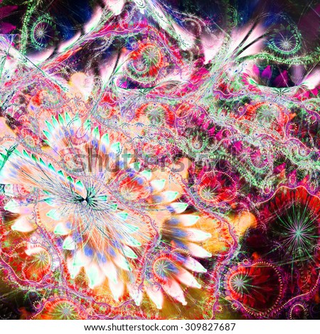 Abstract distorted crazy flower background with a large flower in lower left corner and detailed decorative pattern above it in bright red,pink,yellow,green