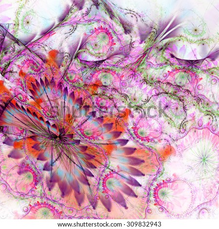 Abstract distorted crazy flower background with a large flower in lower left corner and detailed decorative pattern above it in pastel pink,red,green,purple