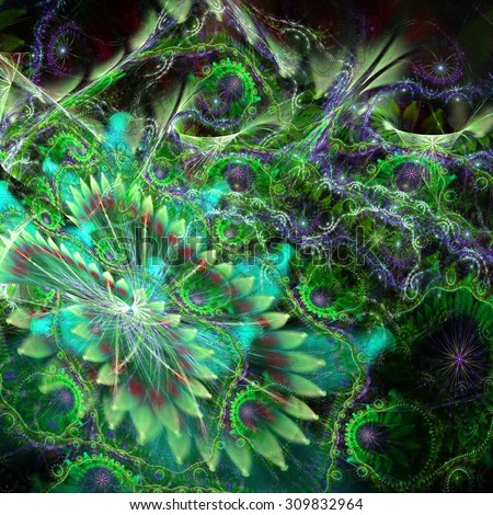 Abstract distorted crazy flower background with a large flower in lower left corner and detailed decorative pattern above it in glowing green,cyan,purple