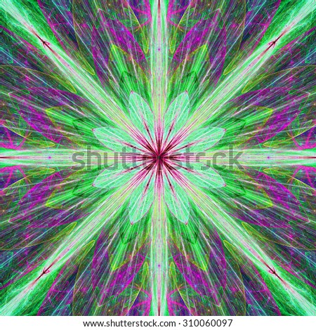 Fractal background with a large flower (star) with large beams in high resolution and dark vivid glowing bright pink,purple,green