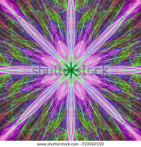 Fractal background with a large flower (star) with large beams in high resolution and dark vivid glowing bright pink,purple,green