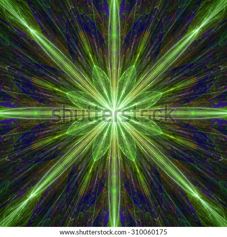 Fractal background with a large flower (star) with large beams in high resolution and glowing green,yellow,purple