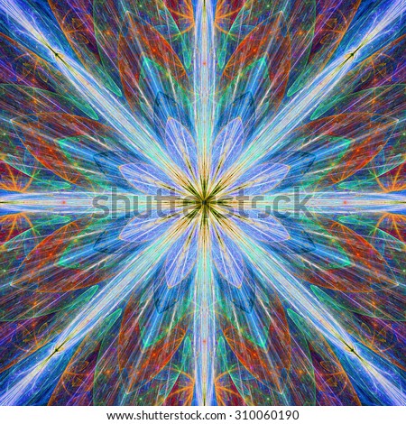 Fractal background with a large flower (star) with large beams in high resolution and dark vivid glowing bright blue,red,green,pink