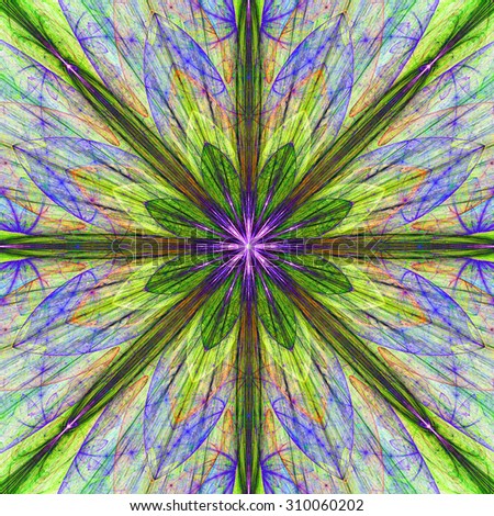 Fractal background with a large flower (star) with large beams in high resolution and dark vivid glowing green,blue,pink