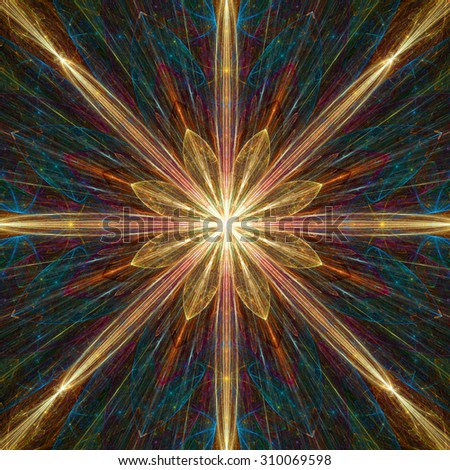 Fractal background with a large flower (star) with large beams in high resolution and glowing blue,yellow,orange