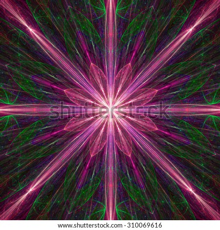Fractal background with a large flower (star) with large beams in high resolution and glowing pink and green