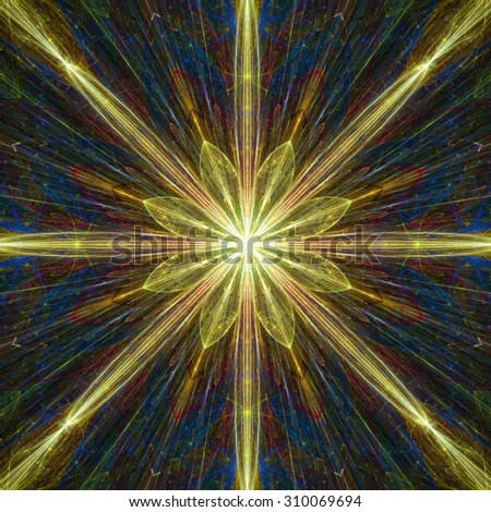 Fractal background with a large flower (star) with large beams in high resolution and glowing yellow,green,blue