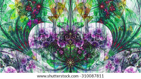 Large wide exotic abstract fractal background with decorative stars, arches and heart like shaped center, all in high resolution and dark vivid glowing green,yellow,pink