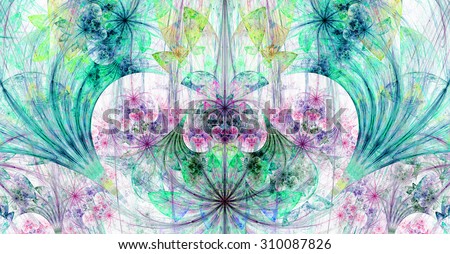 Large wide exotic abstract fractal background with decorative stars, arches and heart like shaped center, all in high resolution and light pastel blue,green,pink,purple