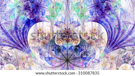 Large wide exotic abstract fractal background with decorative stars, arches and heart like shaped center, all in high resolution and light pastel purple,green,yellow,blue