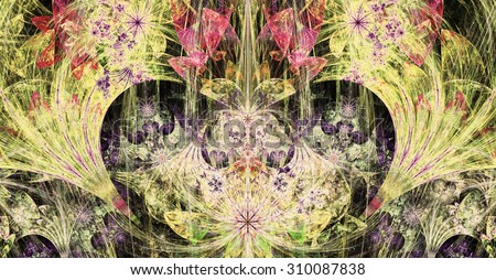 Large wide exotic abstract fractal background with decorative stars, arches and heart like shaped center, all in high resolution and bright vivid glowing sepia tinted yellow,green,pink,purple