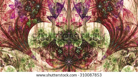 Large wide exotic abstract fractal background with decorative stars, arches and heart like shaped center, all in high resolution and dark vivid glowing pink,purple,green