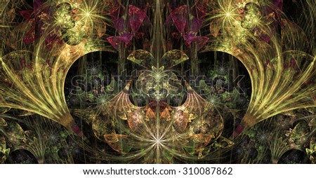 Large wide exotic abstract fractal background with decorative stars, arches and heart like shaped center, all in high resolution and glowing yellow,green,pink