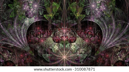 Large wide exotic abstract fractal background with decorative stars, arches and heart like shaped center, all in high resolution and glowing pink,red,green