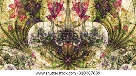 Large wide exotic abstract fractal background with decorative stars, arches and heart like shaped center, all in high resolution and dark vivid glowing pink,yellow,green,purple
