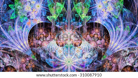 Large wide exotic abstract fractal background with decorative stars, arches and heart like shaped center, all in high resolution and bright vivid glowing blue,pink,green,red