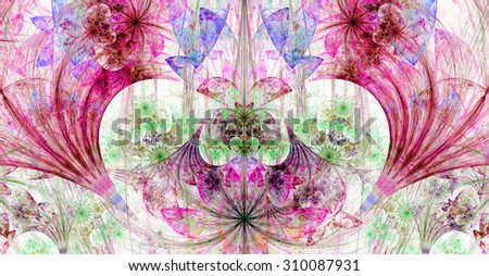 Large wide exotic abstract fractal background with decorative stars, arches and heart like shaped center, all in high resolution and light pastel pink,purple,green