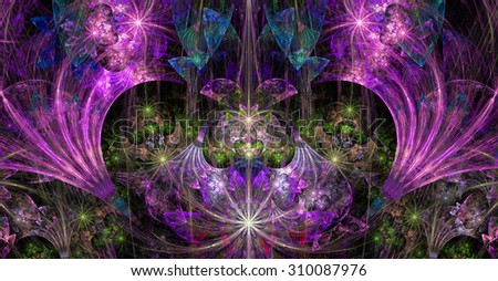 Large wide exotic abstract fractal background with decorative stars, arches and heart like shaped center, all in high resolution and glowing pink,yellow,green,blue
