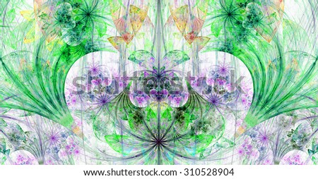 Large wide exotic abstract fractal background with decorative stars, arches and heart like shaped center, all in high resolution and pastel green,pink,purple,yellow