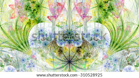 Large wide exotic abstract fractal background with decorative stars, arches and heart like shaped center, all in high resolution and pastel green,blue,yellow,pink