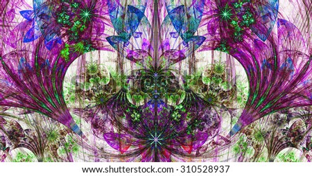 Large wide exotic abstract fractal background with decorative stars, arches and heart like shaped center, all in high resolution and glowing dark vivid pink,purple,blue,green