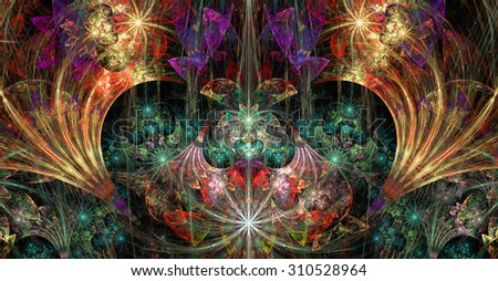 Large wide exotic abstract fractal background with decorative stars, arches and heart like shaped center, all in high resolution and glowing green,yellow,red,pink