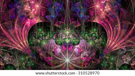 Large wide exotic abstract fractal background with decorative stars, arches and heart like shaped center, all in high resolution and glowing pink,green,purple