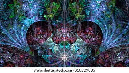 Large wide exotic abstract fractal background with decorative stars, arches and heart like shaped center, all in high resolution and glowing blue,pink,green