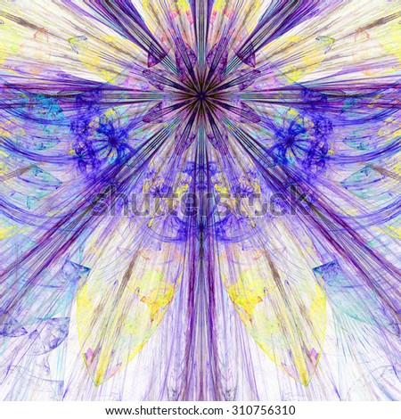 Pastel blue,purple,yellow exploding flower/star fractal background with a detailed decorative pattern, all in high resolution.