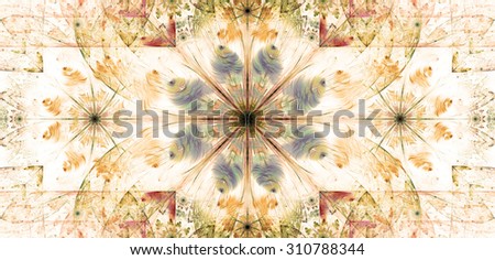 Large wide flower background with a detailed flower in the center, smaller ones on left and right and detailed decorative floral surrounding, all in high resolution and pastel orange,green,blue,yellow