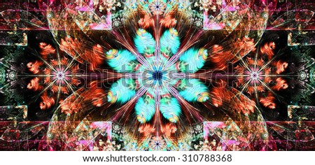 Large wide flower background with a detailed flower in the center, smaller ones on left and right and detailed decorative floral surrounding, all in high resolution and bright teal,red,pink