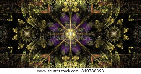 Large wide flower background with a detailed flower in the center, smaller ones on left and right and detailed decorative floral surrounding,all in high resolution and shining purple,pink,green,yellow