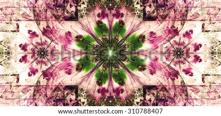 Large wide flower background with a detailed flower in the center, smaller ones on left and right and detailed decorative floral surrounding, all in dark vivid pink,purple,green,teal